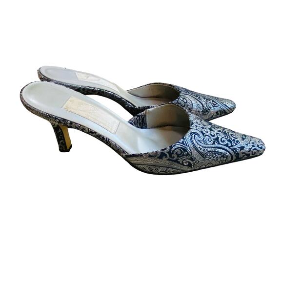 Silver metallic brocade high heels dressy retro slip ons mules slides US 9.5M - Picture 7 of 8